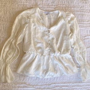 Elizabeth and James Jacquard peplum top with rushed sleeves off-white